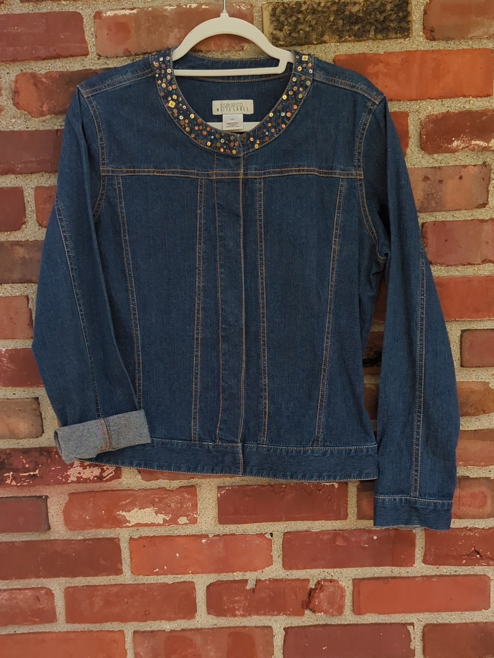 Susan Bristol Dark Blue Denim Jacket with Jeweled Collar